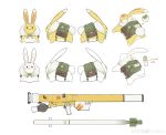  absurdres backpack bag bottle chinese_text english_text furoshiki_around_neck genshin_impact green_bag highres missile multiple_views no_humans reference_sheet rocket_launcher seallllion stuffed_animal stuffed_rabbit stuffed_toy turnaround water_bottle weapon weapon_focus weibo_logo weibo_watermark white_background yuegui_(genshin_impact) 