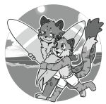 anthro athletic athletic_anthro athletic_male beach blush clothing dev_(i_think_i_like_you) duo felid fur hair hi_res i_think_i_like_you male mammal markings muscular muscular_anthro muscular_male pantherine red_(i_think_i_like_you) saku1saya shirtless_male smile snow_leopard spots spotted_body spotted_fur striped_body striped_fur stripes surfboard swimming_trunks swimwear tail tiger walking water