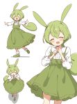  1girl :d absurdres animal_ears blush closed_eyes collared_shirt dress facing_viewer frilled_dress frills green_footwear green_hair hands_up head_tilt highres long_hair long_sleeves low-tied_long_hair multiple_views open_mouth outstretched_arms pinafore_dress pleated_dress rabbit_ears rabbit_girl shadow shirt shoes sleeveless sleeveless_dress smile socks voicevox white_background white_shirt white_socks zundamon zunmut 
