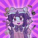  1girl :d @_@ animal_ear_fluff animal_ear_piercing animal_ears bad_id banknote boxcutter common_raccoon_(kemono_friends) condom condom_wrapper double_v earrings extra_ears fang fur_collar gloves hair_between_eyes hands_up heart heart-shaped_pupils jewelry jmeysan kemono_friends looking_at_viewer money multicolored_hair open_mouth pill_bottle purple_background raccoon_ears short_hair short_sleeves skin_fang smile solo sunburst sunburst_background symbol-shaped_pupils upper_body v 