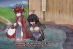 anthro breast_squish breasts canid canine cleavage clothed clothing convenient_censorship day detailed_background dialogue domestic_ferret duo english_text female fox hot_spring mammal mordwyl mustelid musteline nora_leslie nude onsen outside squish steam tess_(mordwyl) text towel true_musteline water weasel wet wide_hips