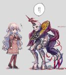  2girls all_fours armor bald blood blood_on_face collared_dress dress full_body grey_background grey_shirt highres horns intestines long_hair long_sleeves looking_at_another magia_record:_mahou_shoujo_madoka_magica_gaiden magical_girl mahou_shoujo_madoka_magica momoe_nagisa multiple_girls neck_ribbon open_mouth pants pink_dress puffy_short_sleeves puffy_sleeves purple_pants ribbon shirt short_sleeves single_horn smile speech_bubble standing stitched_mouth stitches sweatdrop totte twitter_username two_side_up yellow_eyes yumeno_yusa 