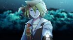  1boy anime_coloring aqua_eyes belt_buckle blonde_hair blurry blurry_background buckle earrings frown gold_necklace gun hair_between_eyes hair_flowing_over highres imomayo_neezu jewelry looking_at_viewer looking_down male_focus medium_hair mole mole_under_eye necklace night open_mouth pirate pirate_3_(sekaiju) pointing_gun ponytail popped_collar sekaiju_no_meikyuu sekaiju_no_meikyuu_3 serious shirt solo upper_body waistcoat weapon white_shirt 