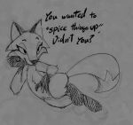 2024 bedroom_eyes canid canine cheek_tuft dialogue dipstick_tail english_text eyebrows facial_tuft female feral fox gloves_(marking) leg_markings looking_at_viewer lounging lying mammal markings monochrome narrowed_eyes on_side quadruped seductive semi-anthro simple_background sketch socks_(marking) solo soulcentinel tail tail_markings talking_to_viewer text tuft