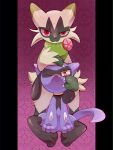  black_fur black_hair blue_fur claws closed_mouth floragato green_fur highres kurumilky6 looking_at_viewer one_eye_closed patterned_background pillarboxed pink_eyes pokemon pokemon_(creature) red_eyes riolu sidelocks sitting smile tail two-tone_fur 