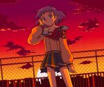  1girl chain-link_fence cloud commentary dusk expressionless fence grey_eyes grey_hair looking_at_viewer neckerchief pixel_art rooftop sailor_collar school_uniform serafuku shizuku_(game) short_hair skirt sky solo spdcooler sunset tsukishima_ruriko twilight wind 