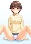  bangs blush breasts brown_eyes brown_hair denim denim_skirt eyebrows_visible_through_hair gradient gradient_background jiyuuyuu long_sleeves medium_breasts original panties ribbed_sweater short_hair simple_background skirt solo spread_legs sweater turtleneck underwear 