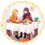  1boy 1girl ? bianca_(dq5) black_footwear black_hair blonde_hair blush blush_stickers boots borongo bracelet braid bread cape chair cloak closed_eyes closed_mouth couple dragon_quest dragon_quest_v dress eating elbow_rest flower food food_on_face fork green_dress green_socks hat head_wreath healslime heart hero_(dq5) highres holding holding_fork holding_spoon index_finger_raised indoors jewelry long_hair looking_at_another low_ponytail minidemon monster neck_ring open_mouth orange_cape purple_cloak purple_hat purple_turban she-slime single_braid sitting slime_(dragon_quest) smile socks spoken_question_mark spoon table tongue tongue_out tsunao527 turban twitter_username white_tunic 