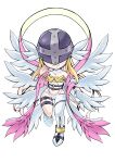  1girl absurdres angel angel_wings angewomon armor asymmetrical_legwear bare_shoulders belt black_belt blonde_hair breastplate chibi clothing_cutout commentary_request covered_eyes digimon digimon_(creature) elbow_gloves feathered_wings gloves head_wings helmet helmet_over_eyes highres long_hair multiple_wings navel o-ring pink_ribbon ribbon shingetsu_(doru0222) single_glove smile solo stomach_cutout thigh_strap watermark white_gloves white_wings wings 