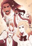  1girl 2boys antlers bishie_sparkle bishounen braid brown_background brown_theme collared_shirt commentary_request dark-skinned_male dark_skin dragon_boy dragon_ears earrings facial_hair fangs fingernails fins floating_hair gensoudanshi goatee head_fins high_ponytail hoop_earrings horns indian_clothes japanese_clothes jewelry kimono lamia_boy long_hair long_sleeves looking_at_viewer monochrome monster_boy motion_lines multiple_boys old old_man open_mouth original sharp_fingernails shawl shirt sidelocks slit_pupils tail tail_ornament thick_eyebrows upper_body 