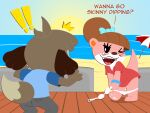 animal_crossing anthro beach blush canid canine canis clothed clothing digby_(animal_crossing) domestic_dog duo female hi_res lottie_(animal_crossing) male male/female mammal mustelid nintendo otter outside panties panties_down partially_clothed surprised_expression underwear underwear_down undressing weirdkoaladream