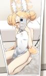  1girl absurdres alternate_costume alternate_hairstyle animal_ear_fluff animal_ears bare_arms bare_shoulders barefoot bed blonde_hair blue_archive blush breasts cellphone china_dress chinese_clothes commentary covered_navel double_bun dress extra_ears fox_ears fox_girl hair_bun halo hand_up highres holding holding_phone indoors looking_at_viewer mirror orange_eyes pelvic_curtain phone red_eyes reflection seia_(blue_archive) seiza selfie sitting sleeveless sleeveless_dress small_breasts solo swept_bangs syhan thighs wariza white_dress yellow_halo 
