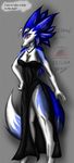  anthro black_nose blue_fur breasts canine dress english_text female fur g-sci_(snowfyre) horn jewelry looking_at_viewer mammal monster_rancher pink_eyes snowfyre solo standing text tiger_(monster_rancher) white_fur wolf 