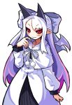  1girl black_sclera blush capelet coat colored_sclera highres horns long_hair looking_at_viewer phantom_kingdom pointy_ears pram_(phantom_kingdom) red_eyes simple_background skirt smile solo spdcooler white_background white_capelet white_coat white_hair wings 