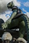 3d_(artwork) absurd_res anthro anus argonian armor bethesda_softworks blade blender_(software) blender_cycles bodily_fluids claws clothed clothing deeja digital_media_(artwork) feet female genital_fluids genitals green_body green_scales hand_on_foot hi_res horn kvaseus legwear lizard looking_at_viewer low-angle_view microsoft open_mouth orange_eyes outside partially_clothed pussy raised_leg reptile scales scalie scar skyrim solo spikes standing sweat tail talking_to_viewer teeth text the_elder_scrolls vaginal_fluids