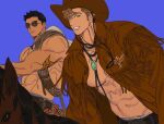  2boys adam&#039;s_apple alternate_costume ao_isami bara bare_pectorals black_hair blonde_hair couple cowboy_hat cowboy_western facial_hair hair_over_one_eye haohaoci hat highres large_pectorals lewis_smith looking_at_viewer male_focus multiple_boys muscular muscular_male pectorals sash sideburns_stubble stubble sunglasses thick_eyebrows three_quarter_view topless_male yaoi yuuki_bakuhatsu_bang_bravern 