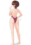  1girl absurdres ass back barefoot brown_eyes brown_hair from_behind full_body geraldjess1 highres looking_at_viewer looking_back one-piece_swimsuit ranma_1/2 simple_background solo swimsuit tendou_nabiki white_background 