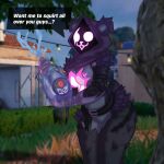 absurd_res anthro bear belt bottle breasts building clothing container dialogue epic_games eye_scar facial_scar featureless_breasts featureless_crotch female fortnite fur glowing glowing_eyes hedge hi_res hood liquid mammal multicolored_body multicolored_fur plant purple_body purple_ears purple_fur question raven_team_leader scar shadow_face shrub sludgecentric solo text tree