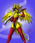  anthro avian beak bird breasts brown_eyes clothing feathers female looking_at_viewer snowfyre solo spread_legs spreading standing sword weapon wings yellow_feathers 