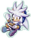  1boy aideneye99 alternate_costume aura blue_footwear blue_hat blue_sweater boots bread bread_slice brown_eyes christmas_sweater clenched_teeth crossed_legs food fork full_body furry furry_male gloves hat highres holding holding_fork holding_plate plate silver_the_hedgehog simple_background sitting solo sonic_(series) sweater teeth toast two-tone_footwear two-tone_sweater white_background white_footwear white_fur white_gloves white_sweater 