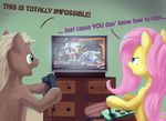  controller cyan_eyes dialog duo english_text equine female fluttershy_(mlp) friendship_is_magic fur green_eyes hair horse humor ivy_valentine long_hair male mammal my_little_pony pink_hair pony sitting soul_calibur television text themotaro video_games white_hair xianghua yellow_fur 