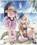  2girls absurdres american_alligator_(kemono_friends) asymmetrical_hair bare_arms bare_legs beach bent_over blonde_hair blue_shorts blue_sky border bra braid breasts buttons cleavage closed_eyes collared_shirt crocodilian_tail cutoffs day denim denim_shorts downblouse full_body green_eyes green_hair hat highres horizon hot jewelry kemono_friends knee_up legs_apart long_hair looking_at_viewer multicolored_hair multiple_girls navel ocean official_alternate_costume open_mouth outdoors pendant pink_shorts red_nails saltwater_crocodile_(kemono_friends) sandals shirt short_shorts short_sleeves shorts sitting sky slit_pupils smile spread_legs standing stomach summer sweat tail tied_shirt toenails toes toriny two-tone_hair underwear water white_border wing_collar wrist_wings 