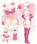  1girl ? animal_ears apron ass breasts cleavage commentary disguise english_commentary flirting glint grin hands_on_own_hips heart heart_tail high_heels highres humanization inkerton-kun large_breasts mario_(series) mask mole mouse_ears mouse_tail ms._mowz multiple_views one_eye_closed open_mouth paper_mario paper_mario:_the_thousand_year_door personification red_apron short_hair simple_background smile surprised sweat tail thick_lips white_hair 