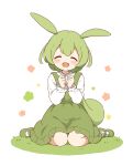  1girl :d absurdres animal_ears blush collared_shirt dress facing_viewer frilled_dress frills full_body green_dress green_footwear green_hair highres long_hair long_sleeves low-tied_long_hair open_mouth own_hands_together pinafore_dress rabbit_ears rabbit_girl shirt shoes sidelocks simple_background sitting sleeveless sleeveless_dress smile socks solo voicevox wariza white_background white_shirt white_socks zundamon zunmut 