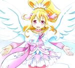  aida_mana angel_wings backlighting blonde_hair bow cape choker cure_heart cure_heart_parthenon_mode dokidoki!_precure hair_ornament half_updo heart heart_hair_ornament kemoribon long_hair magical_girl no_nose pink_bow pink_eyes pink_sleeves ponytail precure ribbon skirt smile solo white_background white_wings wings 