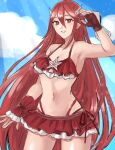  1girl bare_shoulders bikini blue_sky cloud commentary_request cordelia_(fire_emblem) cordelia_(summer)_(fire_emblem) feather_hair_ornament feathers fingerless_gloves fire_emblem fire_emblem_awakening fire_emblem_heroes gloves hair_between_eyes hair_ornament hazuki_(nyorosuke) highres long_hair looking_at_viewer navel official_alternate_costume red_bikini red_eyes red_hair sky smile solo swimsuit very_long_hair 