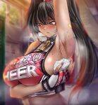  1girl absurdres arm_up armpit_onigiri armpits averting_eyes bandaid bandaid_on_arm bare_shoulders bay_(nikke) black_eyes black_hair blurry blurry_background blush breasts cheerleader clothes_writing collar dark-skinned_female dark_skin fingerless_gloves food gloves goddess_of_victory:_nikke hairband high_ponytail highres holding holding_food indoors large_breasts lock long_hair mea_(manami030) midriff mole mole_on_breast mole_under_mouth multicolored_clothes multicolored_gloves multicolored_hair nose_blush onigiri padlock ponytail presenting_armpit red_hair rice rice_on_armpit sharp_teeth sideboob solo spiked_collar spikes star_sticker steaming_body sticker_on_face streaked_hair sweat sweaty_armpits teeth two-tone_tank_top very_long_hair 