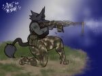 2024 anthro black_body black_fur black_tail bodysuit camo canid canine canis clothed clothing dubmare eyebrows female figners footwear fur gun high_heels mammal narrowed_eyes ranged_weapon signature skinsuit sligarthetiger solo tail thick_thighs tight_clothing topwear vest weapon wolf