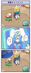  3girls 3koma adventure_time bangs blonde_hair blue_skin bmo cake_(adventure_time) cat comic cosplay crown fionna fireplace genderswap gunter ice_queen indoors long_hair multiple_girls nollety on_floor robot scarf sitting thighhighs translated translation_request twintails white_hair 
