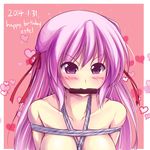  bit_gag blush breast_bondage collarbone dated estel_freesia gag gagged hair_ribbon happy_birthday heart long_hair maullarmaullar nude out-of-frame_censoring pink_eyes pink_hair ribbon rope shibari solo white_rope yoake_mae_yori_ruri_iro_na 