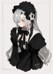  1girl alternate_costume black_bow black_bowtie black_dress black_hairband blue_eyes bow bowtie breasts cleavage_cutout closed_mouth clothing_cutout cropped_legs dress frilled_hairband frills from_above gothic_lolita grey_background grey_hair hair_over_one_eye hairband highres isekai_joucho isshiki_(ffmania7) juliet_sleeves kamitsubaki_studio lolita_fashion lolita_hairband long_bangs long_hair long_sleeves looking_ahead medium_breasts narrow_waist one_eye_covered puffy_sleeves signature simple_background solo v_arms virtual_youtuber wavy_hair 