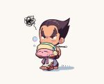  1boy black_hair blush_stickers chibi chibi_only commentary crossover full_body grey_background heterochromia holding kirby kirby_(series) kotorai male_focus martial_arts_belt mishima_kazuya no_nose pants red_eyes scar scar_on_arm scar_on_cheek scar_on_face sideburns spoken_squiggle squeans squiggle symbol-only_commentary tekken thick_eyebrows v-shaped_eyebrows walking white_pants 