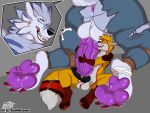 2021 absurd_res anthro anus balls bandai_namco big_penis butt canid canine digimon digimon_(species) duo exposed fox foxlightning genitals hi_res huge_penis hyper hyper_genitalia hyper_penis male male/male mammal pawpads paws penis size_difference thaismotosuwa weregarurumon
