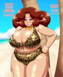 anthro beach belly big_belly big_breasts bikini bovid bovine breasts cattle clothing curled_hair english_text female hair hi_res huge_breasts makeup mammal markings mole_(marking) ms._moona obese overweight solo speeds swimwear text thick_thighs