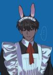  ... 1boy animal_ears apron blue_background bow bowtie brown_eyes brown_hair codename_anastasia_(manhwa) facing_viewer frilled_apron frills highres kwon_taekju looking_at_viewer low004 male_focus parted_lips rabbit_ears red_bow red_bowtie short_hair solo spoken_ellipsis tan teeth upper_body white_apron 