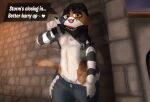 anthro beanie bodily_fluids breasts calico_cat clothed clothing clothing_lift dialogue domestic_cat epic_games felid feline felis female fish_hook fortnite genitals hat headgear headwear hi_res hook inviting mammal meow_skulls_(fortnite) nipple_piercing nipples piercing presenting pulling_pants_down pussy shirt shirt_lift sludgecentric solo steam sweat tail teeth topwear yellow_eyes