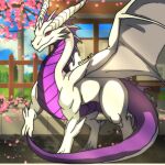  absurd_res dragon dreamdragon89 female feral hi_res mythological_creature mythological_scalie mythology purple_body roses_in_the_flames scalie scenery solo tail white_body wings 
