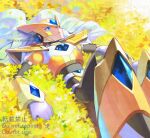  1boy armor blue_eyes boots cape chest_jewel flower_bed forehead_jewel gate_(mega_man) gold_armor gold_footwear gold_helmet helmet looking_up lying mega_man_(series) mega_man_x_(series) on_back shoulder_armor solo white_cape yamanashi_taiki 