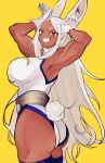  1girl :d absurdres animal_ears armpits arms_up ass bare_shoulders boku_no_hero_academia breasts crescent_print dark-skinned_female dark_skin from_side fur_collar gloves highleg highleg_leotard highres large_breasts leotard long_eyelashes long_hair looking_at_viewer mirko parted_bangs purple_thighhighs rabbit_ears rabbit_girl rabbit_pose rabbit_tail red_eyes sleeveless_turtleneck_leotard smile solo suna_(hanahanaamika) tail tail_through_clothes teeth thick_thighs thighhighs thighs toned_female uneven_eyes very_long_hair white_gloves white_hair white_leotard yellow_background 
