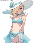  1girl aqua_bikini bikini blonde_hair blue_eyes bow english_commentary flower hair_flower hair_ornament hair_over_one_eye hat hat_flower itzah mario_(series) navel rosalina sarong see-through_sarong solo sun_hat swimsuit white_hat 