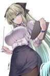  1girl akatsuki_hijiri black_bow black_skirt blue_eyes bow braid breasts collared_shirt cowboy_shot dress_shirt fate/grand_order fate_(series) french_braid grey_hair hair_bow highres large_breasts long_hair long_sleeves looking_at_viewer morgan_le_fay_(chaldea_satellite_station)_(fate) morgan_le_fay_(fate) office_lady pantyhose pencil_skirt ponytail shirt sidelocks skirt solo very_long_hair white_shirt 