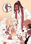  1boy 3girls animal_ear_fluff apron bishounen braid brown_background brown_theme cat_girl closed_eyes closed_mouth collared_shirt colored_eyelashes commentary_request curled_horns curry curry_rice dark-skinned_male dark_skin demon_girl demon_horns fingernails fins food furry furry_female gensoudanshi gradient_background hands_on_own_hips hands_up head_fins high_ponytail horns indian_clothes lamia_boy long_hair long_sleeves looking_at_another looking_at_food looking_up monochrome monster_boy multiple_girls original pointy_ears rice sharp_fingernails shirt sidelocks simple_background table upper_body 