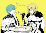  2boys alternate_hair_color armor bad_id bad_twitter_id birthday_cake blonde_hair blue_eyes blush byleth_(fire_emblem) byleth_(male)_(fire_emblem) cake cape closed_mouth cup dimitri_alexandre_blaiddyd english_text enlightened_byleth_(male) eyepatch feeding fire_emblem fire_emblem:_three_houses food fork fruit gift_art gloves green_eyes green_hair hand_on_own_chin hand_up happy_birthday highres holding holding_fork inactive_account jmeysan long_sleeves looking_down male_focus multiple_boys open_mouth partially_colored short_hair simple_background smile strawberry table teacup teapot upper_body yaoi yellow_background 