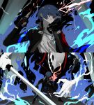  1boy armband black_gloves black_jacket black_ribbon blue_fire blue_hair chain collared_shirt commentary_request dark_blue_hair digital_media_player dust_cloud earphones evoker fighting_stance fire from_behind gekkoukan_high_school_uniform gloves gun headphones headphones_around_neck highres holding holding_gun holding_sword holding_weapon jacket long_sleeves looking_at_viewer male_focus multiple_views neck_ribbon open_clothes open_jacket parted_lips persona persona_(summon) persona_3 persona_3_reload red_armband red_eyes ribbon s.e.e.s school_uniform shirt short_hair size_difference standing sword tamaon_2525 thanatos_(persona) weapon white_gloves white_shirt yuuki_makoto_(persona_3) 