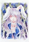  1girl animal_ears artist_name bamboo bamboo_forest blue_coat blue_jacket buttons coat collared_shirt forest hair_between_eyes hand_on_own_chest highres jacket johnalay leaf long_hair nature necktie night night_sky open_clothes open_coat open_jacket painting_(medium) purple_hair rabbit_ears rabbit_girl red_eyes red_necktie reisen_udongein_inaba shirt signature sky touhou traditional_media white_fur white_shirt 