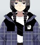  1girl arms_at_sides bag black_eyes black_hair blue_jacket braid closed_mouth drop_earrings earrings fanny_pack glasses hair_ornament hair_over_shoulder hairclip half-closed_eyes jacket jewelry logo logo_parody long_hair long_sleeves looking_at_viewer low_twin_braids nijisanji open_clothes open_jacket panasonynet plaid plaid_jacket round_eyewear shirt_tucked_in shoulder_bag smile solo straight-on the_north_face tsukino_mito twin_braids upper_body 